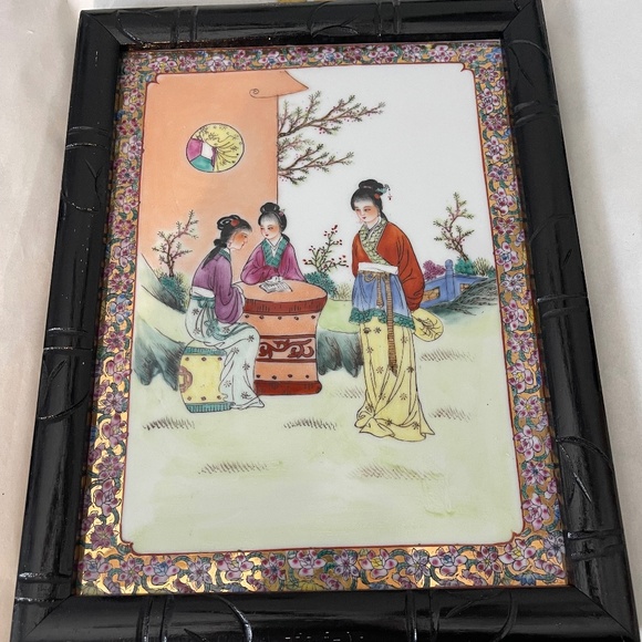 Framed Vintage Chinese Famille Rose Porcelain Plaque in Bamboo Style Frame - Picture 10 of 12